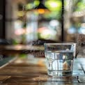 Refreshing Glass of Water on Wooden Table in Cozy Cafe Setting