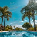 Serene Tropical Poolside Oasis with Palm Trees and Clear Blue Sky