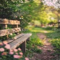 Tranquil Garden Pathway with Wooden Bench and Blooming Flowers