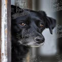 Thoughtful Black Dog Gazing Out of Doorway - Pet Portrait