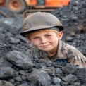 Child Labor in Mining: Young Boy in Coal Pile with Hard Hat