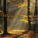 Golden Autumn Forest with Sunlight Rays Through Trees