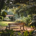 Tranquil Garden Bench Surrounded by Lush Greenery and Soft Light