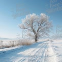 Serene Winter Landscape with Frost-Covered Tree and Snowy Path