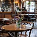 Charming Cafe Interior with Fresh Flowers on Table