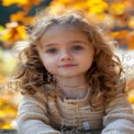 Charming Child Portrait in Autumn Leaves - Cute Girl with Curly Hair and Warm Fall Colors