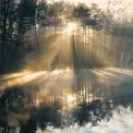 Serene Sunrise Over Misty Forest Reflections