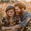 Romantic Couple Embracing in Golden Sunset Field