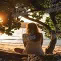 Serene Sunset Escape: Woman Relaxing by the Beach Under a Tree