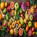 Vibrant Assortment of Fresh Fruits and Vegetables on Wooden Table