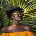 Vibrant Summer Fashion: Model in Yellow Sunglasses Amid Tropical Foliage