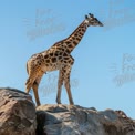 Majestic Giraffe Standing on Rocky Outcrop Against Clear Blue Sky