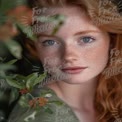 Natural Beauty: Close-Up Portrait of a Freckled Redhead Among Greenery