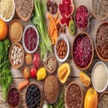 Colorful Assortment of Fresh Fruits, Vegetables, and Nuts on Rustic Wooden Table