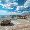 Tranquil Coastal Landscape with Clear Blue Sky and Rocky Shoreline