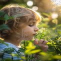 Child Enjoying Nature: Innocence and Discovery in a Sunlit Garden