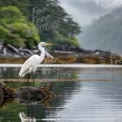 Elegant Great Egret Standing on Rock in Serene Coastal Waters