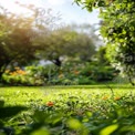 Serene Garden Landscape with Vibrant Flowers and Lush Greenery