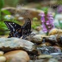 Colorful Butterfly on Pebbles by a Stream: Nature's Serenity and Beauty