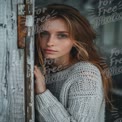 Natural Beauty Portrait: Young Woman with Freckles in Cozy Sweater by Rustic Wood Background