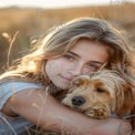 Heartwarming Bond: Girl Cuddling with Adorable Dog in Nature