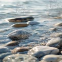 Tranquil Shoreline: Close-Up of Smooth Stones and Shells in Gentle Waves