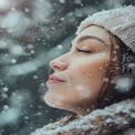 Serene Winter Portrait: Woman Enjoying Snowfall in Cozy Knitwear