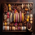 Decadent Dessert Platter: Colorful Macarons, Candies, and Nuts for Gourmet Treats