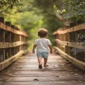 Child Walking on Wooden Pathway in Lush Green Nature