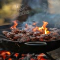 Grilling Perfection: Juicy BBQ Meat on a Charcoal Grill with Flames and Smoke