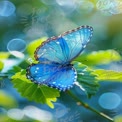 Vibrant Blue Butterfly on Green Leaves with Soft Bokeh Background