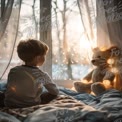 Cozy Childhood Moments: Boy with Teddy Bear by Window at Sunset