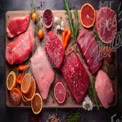 Fresh Meat Selection with Citrus and Herbs on Wooden Cutting Board