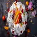 Delicious Pavlova Dessert with Fresh Fruits and Edible Flowers