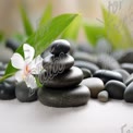 Zen Garden Serenity: Stacked Stones, Orchid Flower, and Green Leaves for Relaxation and Wellness