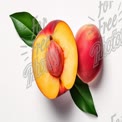 Fresh Juicy Peaches with Green Leaves on White Background