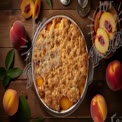 Delicious Homemade Peach Cobbler with Fresh Peaches on Rustic Wooden Table