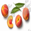 Fresh Juicy Peaches with Leaves on White Background - Summer Fruit Concept