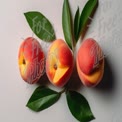 Fresh Juicy Peaches with Green Leaves on White Background