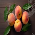 Fresh Peaches with Green Leaves on Wooden Background - Summer Fruit Concept