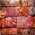 Assorted Fresh Meats and Seafood on Wooden Platter - Gourmet Culinary Ingredients for Cooking and Me