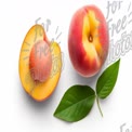 Fresh Juicy Peach with Slice and Leaf on White Background