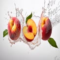 Fresh Peaches Splashing in Water with Green Leaves - Healthy Summer Fruit Concept