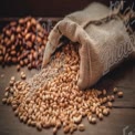 Organic Raw Coffee Beans and Nuts in Rustic Burlap Sack on Wooden Table