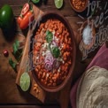 Delicious Homemade Chili with Fresh Ingredients and Tortillas on Rustic Wooden Table