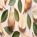 Fresh Pears and Green Leaves on Soft Background - Healthy Eating and Natural Ingredients Concept