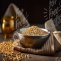 Golden Grains: Fresh Barley in Rustic Bowl with Vintage Pot