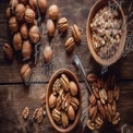 Verschiedene Nüsse und Granola in rustikalen Schalen auf einem Holztisch - Gesundes Snack-Konzept