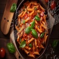 Delicious Penne Pasta with Fresh Basil and Cherry Tomatoes on Rustic Wooden Table