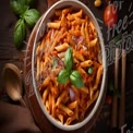 Delicious Penne Pasta with Tomato Sauce and Fresh Basil on Rustic Wooden Table